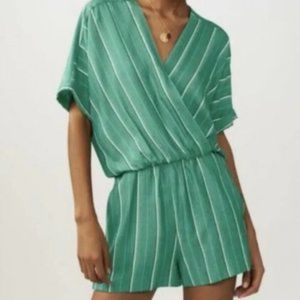 MAJE green white Striped Surplice shorts fitted waist Romper womens 36 / S